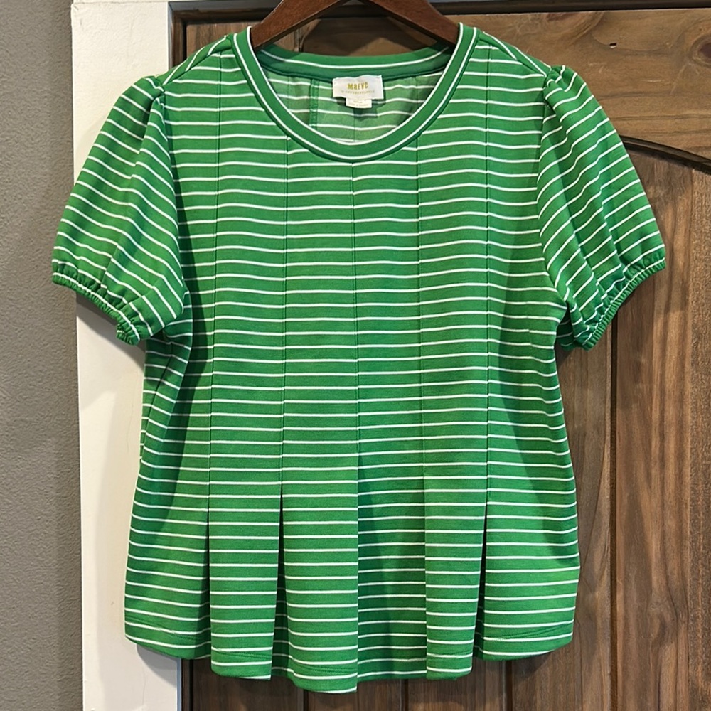 Maeve by Anthropologie Green Striped Corset Peplum Top